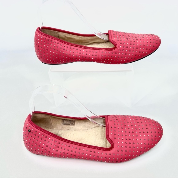 UGG ALLOWAY PINK LEATHER SILVER STUDDED SHEARLING FLATS - 10 - Picture 1 of 9